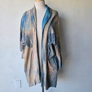 Oasis Vintage Natural Fibers Rayon Open Front Fringe Tunic Splatter Dye Shawl M